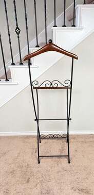 Vintage MCM Folding Butler Valet Stand Wood & Wrought Iron Clothes Rack Hanger